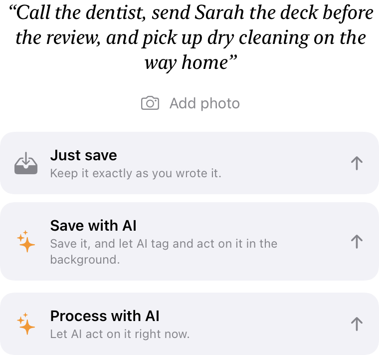 The capture screen offering Just save, Save with AI, and Process with AI