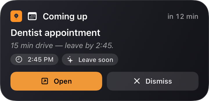A Live Activity counting down to an upcoming event, with Open and Dismiss buttons