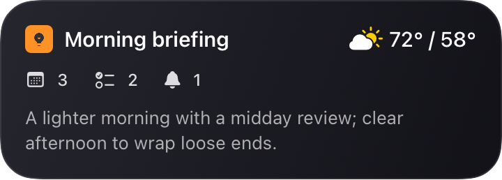 A morning briefing Live Activity with the day's weather and counts