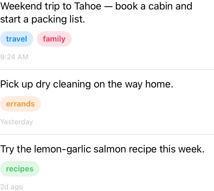 A list of BrainDump notes, each auto-tagged