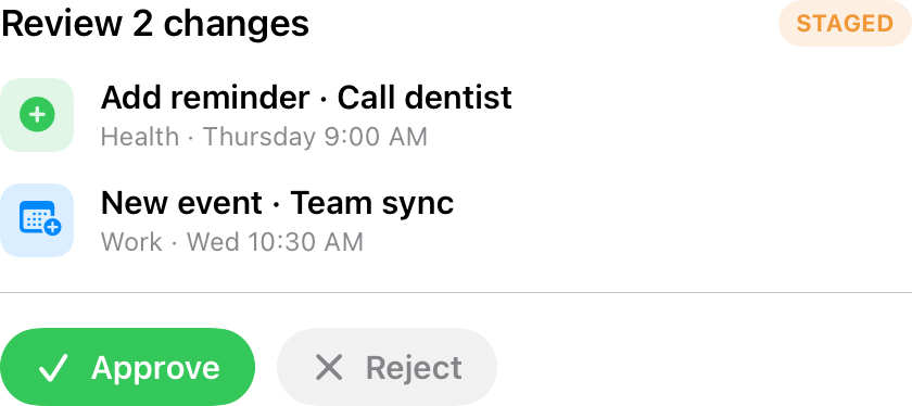 Staged calendar and reminder changes awaiting your approval
